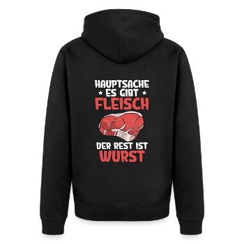 Fleischer Metzger - Unisex Premium Bio Zip Hoodie - Schwarz - Hinten - Nico (187cm)