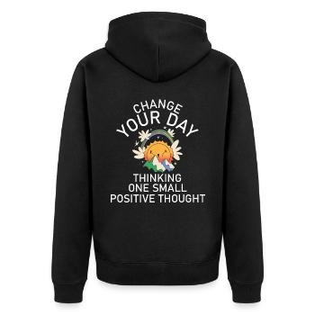Verändere deinen Tag mit positiven Gedanken süßer - Unisex Premium Bio Zip Hoodie - Schwarz - Hinten - Nico (187cm)