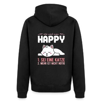 Sei fröhlich wie eine Katze - Unisex Premium Bio Zip Hoodie - Schwarz - Hinten - Nico (187cm)