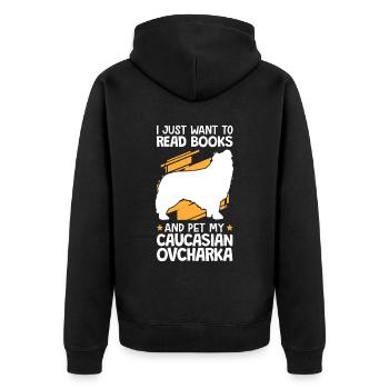 Petting and reading Ovcharka Caucasian dog - Unisex Premium Organic Zip Hoodie - black - Back - Nico (187cm)