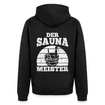 Saunameister - Geschenk Sauna Spruch Saunieren - Unisex Premium Bio Zip Hoodie - Schwarz - Hinten - Nico (187cm)