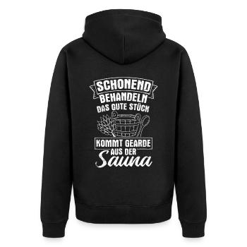 Saunameister - Geschenk Sauna Spruch Saunieren - Unisex Premium Bio Zip Hoodie - Schwarz - Hinten - Nico (187cm)