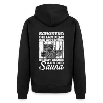 Sauna Wellness Saunagänger Finnische Sauna Spruch - Unisex Premium Bio Zip Hoodie - Schwarz - Hinten - Nico (187cm)