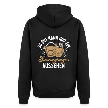 Sauna Wellness Saunagänger Finnische Sauna Spruch - Unisex Premium Bio Zip Hoodie - Schwarz - Hinten - Nico (187cm)