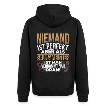 Sauna Wellness Saunagänger Finnische Sauna Spruch - Unisex Premium Bio Zip Hoodie - Schwarz - Hinten - Nico (187cm)