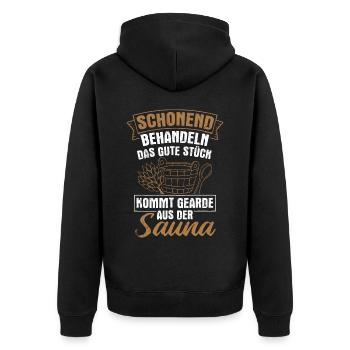 Sauna Wellness Saunagänger Finnische Sauna Spruch - Unisex Premium Bio Zip Hoodie - Schwarz - Hinten - Nico (187cm)
