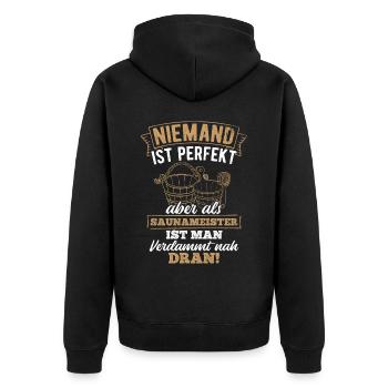 Saunameister - Geschenk Sauna Spruch Saunieren - Unisex Premium Bio Zip Hoodie - Schwarz - Hinten - Nico (187cm)