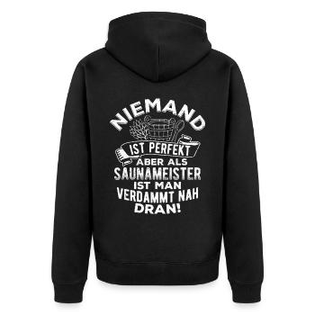 Sauna Wellness Saunagänger Finnische Sauna Spruch - Unisex Premium Bio Zip Hoodie - Schwarz - Hinten - Nico (187cm)