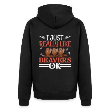 Ich mag Biber einfach sehr gerne Ok Wildtier Biber - Unisex Premium Bio Zip Hoodie - Schwarz - Hinten - Nico (187cm)