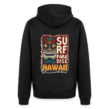 Tiki Face Surf Paradise Hawaii Surfen - Unisex Premium Bio Zip Hoodie - Schwarz - Hinten - Nico (187cm)