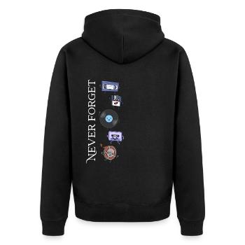 Schallplatte und Freunde - Never Forget - Unisex Premium Bio Zip Hoodie - Schwarz - Hinten - Nico (187cm)
