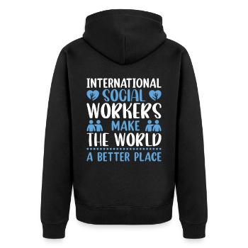 International Social Workers Make The World A - Unisex Premium Organic Zip Hoodie - black - Back - Nico (187cm)