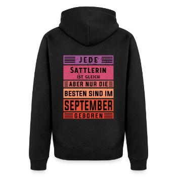 Polsterer Geburtstag September geboren Sattlerin - Unisex Premium Bio Zip Hoodie - Schwarz - Hinten - Nico (187cm)
