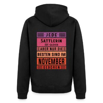 Polsterer Geburtstag November geboren Sattlerin - Unisex Premium Bio Zip Hoodie - Schwarz - Hinten - Nico (187cm)
