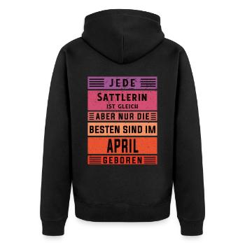 Polsterer Geburtstag April geboren Sattlerin - Unisex Premium Bio Zip Hoodie - Schwarz - Hinten - Nico (187cm)