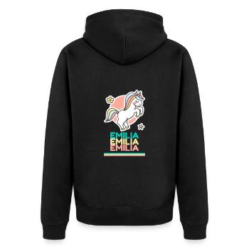 Emilia Vorname Namensgeschenk Süßes Einhorn - Unisex Premium Bio Zip Hoodie - Schwarz - Hinten - Nico (187cm)