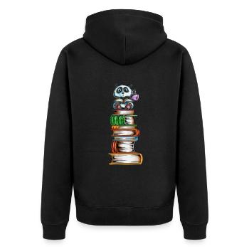 Pandabär auf einem Bücherturm mit Tee Buch lesen - Unisex Premium Bio Zip Hoodie - Schwarz - Hinten - Nico (187cm)