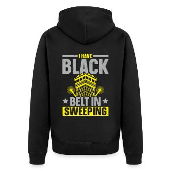 Ich habe den schwarzen Gürtel im Kehren Schornstei - Unisex Premium Bio Zip Hoodie - Schwarz - Hinten - Nico (187cm)