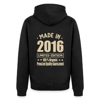 Made in 2016 Vintage Retro Limited Edition - Unisex Premium Bio Zip Hoodie - Schwarz - Hinten - Nico (187cm)