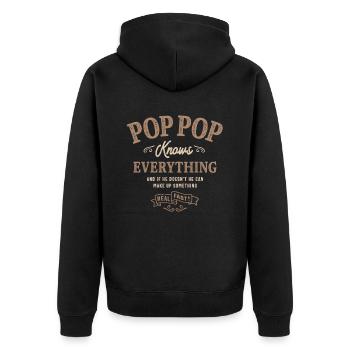 Pop-Pop weiß alles - Unisex Premium Bio Zip Hoodie - Schwarz - Hinten - Nico (187cm)