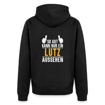 Lutz Vorname Name Geschenk - Unisex Premium Bio Zip Hoodie - Schwarz - Hinten - Nico (187cm)