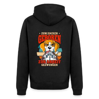 Zum Zocken Geboren Zum Arbeiten Gezwungen - Unisex Premium Bio Zip Hoodie - Schwarz - Hinten - Nico (187cm)