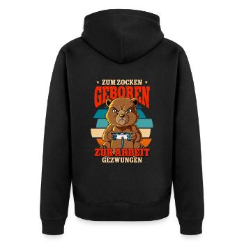 Zum Zocken Geboren Zum Arbeiten Gezwungen - Unisex Premium Bio Zip Hoodie - Schwarz - Hinten - Nico (187cm)