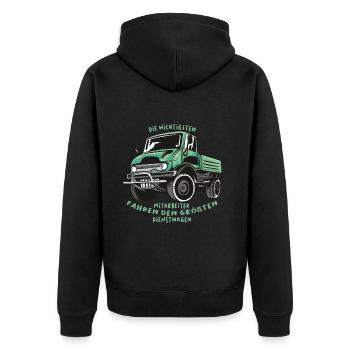 Die wichtigsten Mitarbeiter fahren den größten - Unisex Premium Bio Zip Hoodie - Schwarz - Hinten - Nico (187cm)