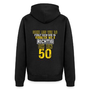 Sieht aus wie 18 fühlt sich wie 16 verhalten wie 6 - Unisex Premium Bio Zip Hoodie - Schwarz - Hinten - Nico (187cm)