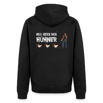 Der Herr der Hühner. Huhn - Unisex Premium Bio Zip Hoodie - Schwarz - Hinten - Nico (187cm)