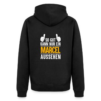 Marcel Vorname Name Geschenk - Unisex Premium Bio Zip Hoodie - Schwarz - Hinten - Nico (187cm)