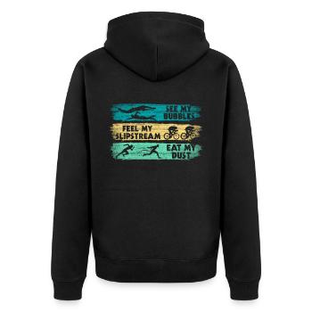 Lustiger Triathlon Spruch - Unisex Premium Bio Zip Hoodie - Schwarz - Hinten - Nico (187cm)