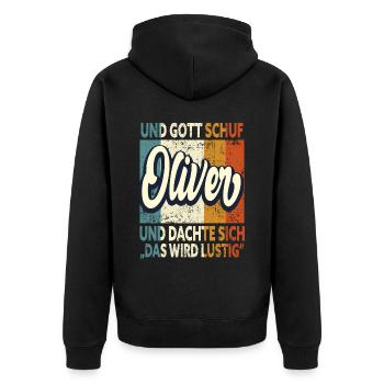Oliver Name Geschenk Geburtstag - Unisex Premium Bio Zip Hoodie - Schwarz - Hinten - Nico (187cm)
