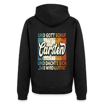 Carsten Name Geschenk Geburtstag - Unisex Premium Bio Zip Hoodie - Schwarz - Hinten - Nico (187cm)