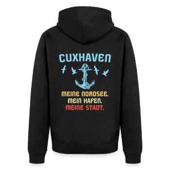 Cuxhaven Souvenir Cuxhavener Nordsee - Unisex Premium Bio Zip Hoodie - Schwarz - Hinten - Nico (187cm)