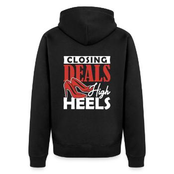 Closing Deals in High Heels Hypothekendarlehen - Unisex Premium Bio Zip Hoodie - Schwarz - Hinten - Nico (187cm)