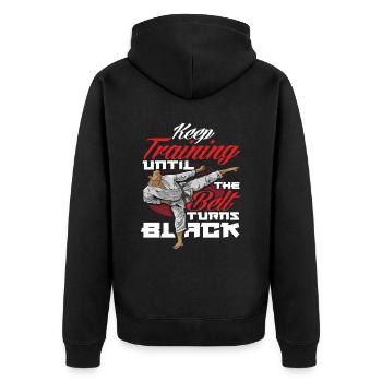 Karate Kampfsport Training - Unisex Premium Bio Zip Hoodie - Schwarz - Hinten - Nico (187cm)