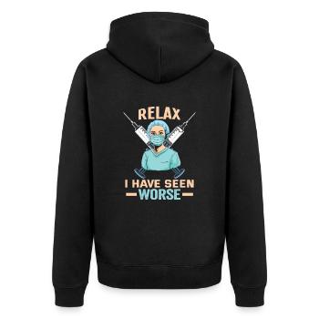 Pflegerin Relax I have seen worse Krankenschwester - Unisex Premium Bio Zip Hoodie - Schwarz - Hinten - Nico (187cm)