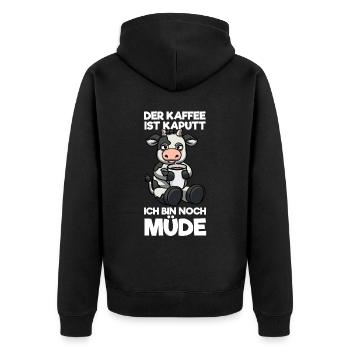 The coffee is broken I'm still tired cow - Unisex Premium Organic Zip Hoodie - black - Back - Nico (187cm)