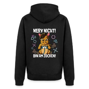 Zocken Gaming Nerv Nicht Bin Am Zocken - Unisex Premium Bio Zip Hoodie - Schwarz - Hinten - Nico (187cm)