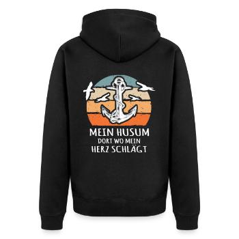 Husum Souvenir Husumer - Unisex Premium Bio Zip Hoodie - Schwarz - Hinten - Nico (187cm)