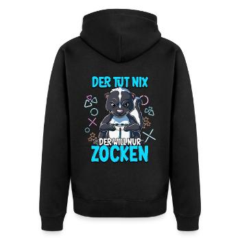 Zocken Gaming Der Tut Nix Der Will Nur Zocken - Unisex Premium Bio Zip Hoodie - Schwarz - Hinten - Nico (187cm)