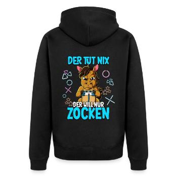 Zocken Gaming Der Tut Nix Der Will Nur Zocken - Unisex Premium Bio Zip Hoodie - Schwarz - Hinten - Nico (187cm)