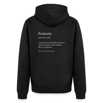 Prokurist I Prokura juristisches Motiv für - Unisex Premium Bio Zip Hoodie - Schwarz - Hinten - Nico (187cm)