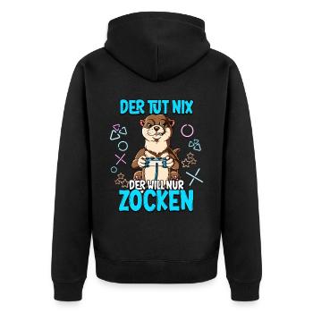 Zocken Gaming Der Tut Nix Der Will Nur Zocken - Unisex Premium Bio Zip Hoodie - Schwarz - Hinten - Nico (187cm)