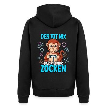 Zocken Gaming Der Tut Nix Der Will Nur Zocken - Unisex Premium Bio Zip Hoodie - Schwarz - Hinten - Nico (187cm)