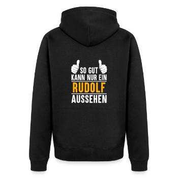 Rudolf Vorname Name Geschenk - Unisex Premium Bio Zip Hoodie - Schwarz - Hinten - Nico (187cm)