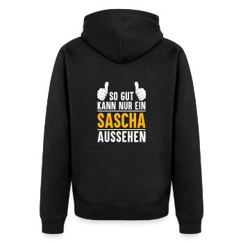 Sascha Vorname Name Geschenk - Unisex Premium Bio Zip Hoodie - Schwarz - Hinten - Nico (187cm)