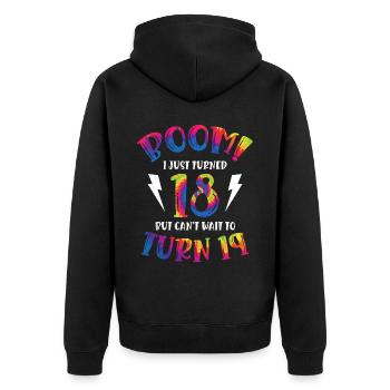 Boom Je viens d’avoir 18 ans mais je ne peux pas - Veste à capuche bio Premium Unisexe - noir - Dos - Nico (187cm)