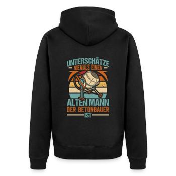 Unterschätze niemals Betonbauer Retro - Unisex Premium Bio Zip Hoodie - Schwarz - Hinten - Nico (187cm)